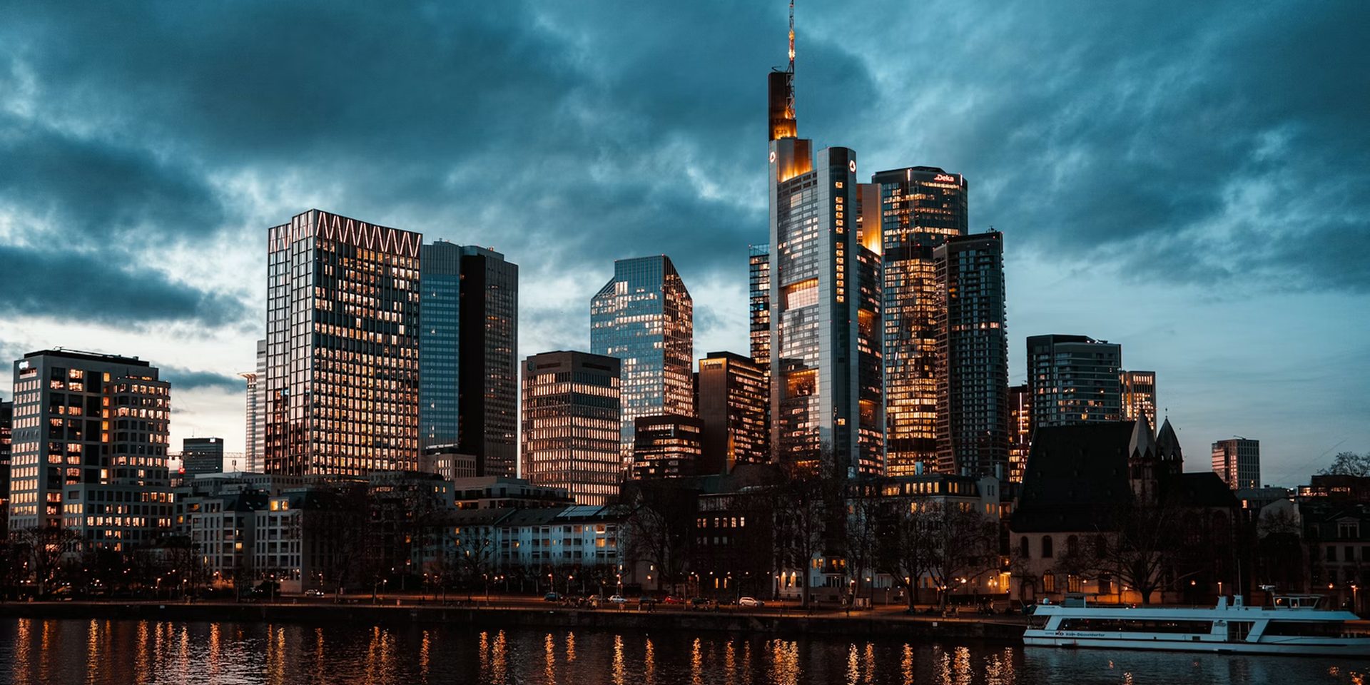 European city skyline at dusk